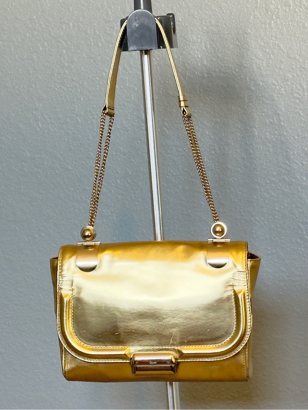 Vintage Chloe Gold Metallic Leather Shoulder Bag Chain Strap Made in Italy